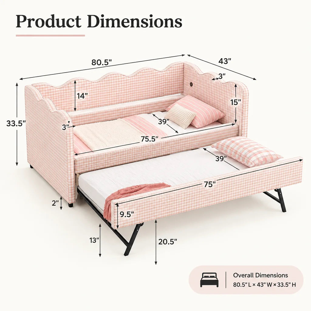 Upholstered Daybed With Pullout Trundle USB Charging Port