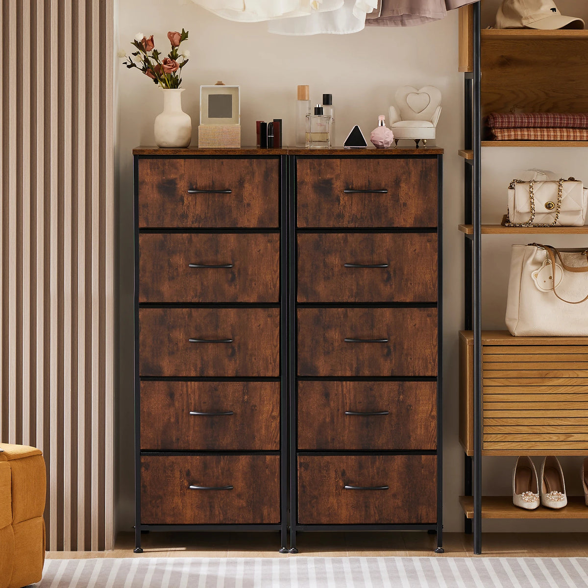 JHK Modern Bedroom Dresser With Five Fabric Drawers Steel Frame