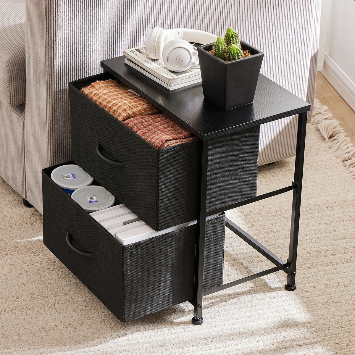 JHK Modern Metal Nightstand Cabinet With Fabric Drawer Storage