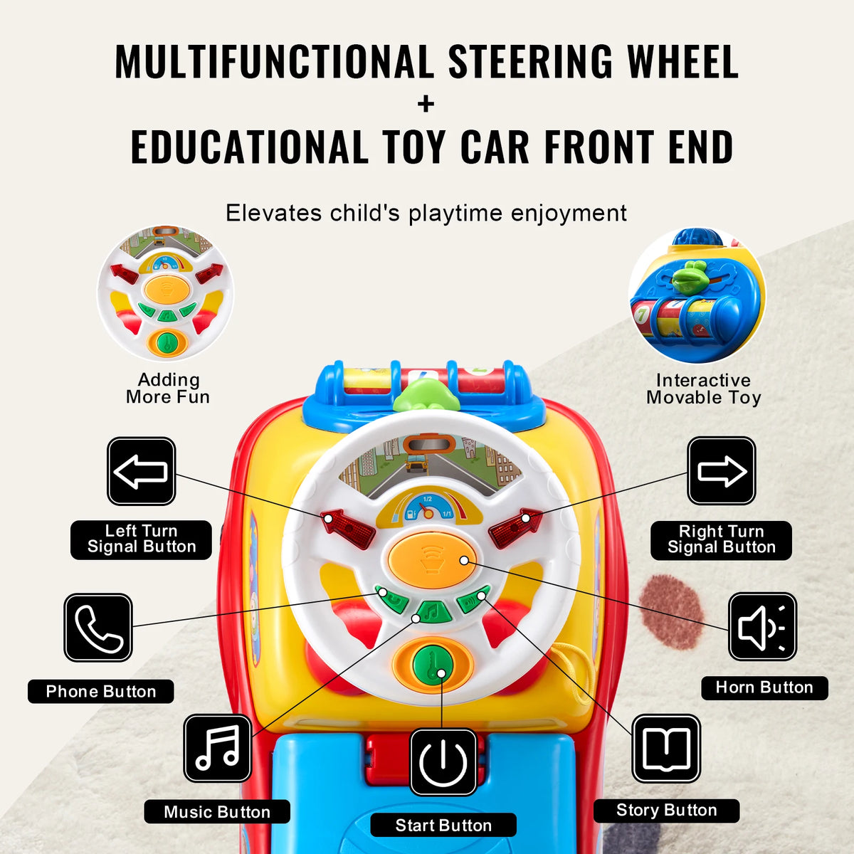 SucceBuy Toddler Ride On Push Car With Music And Storage