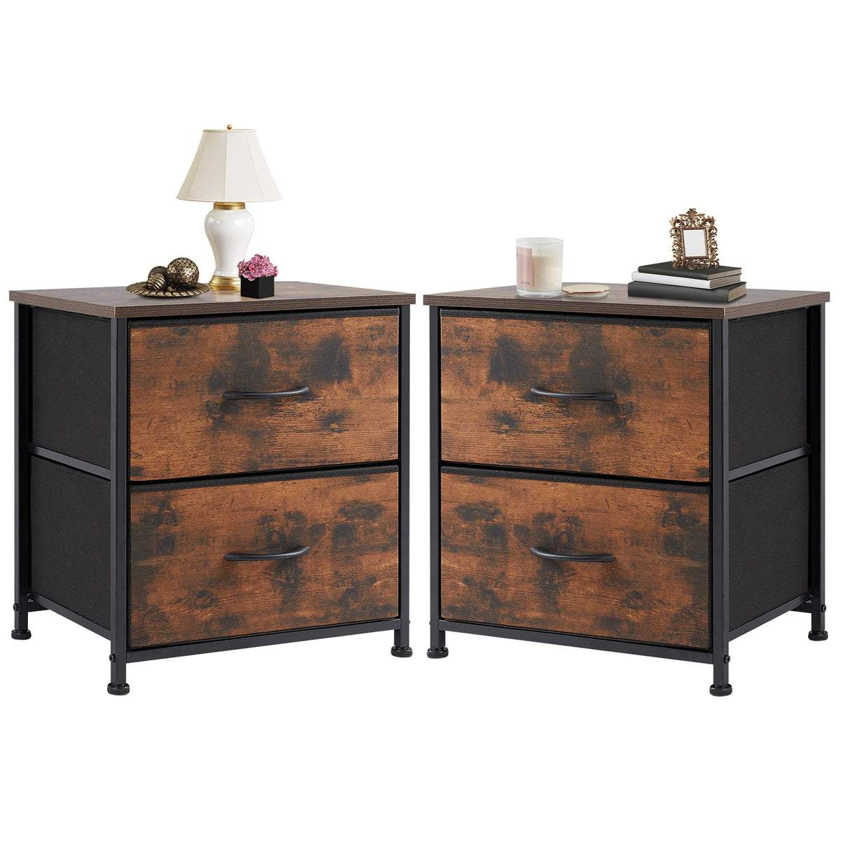JHK Modern Metal Nightstand Cabinet With Fabric Drawer Storage