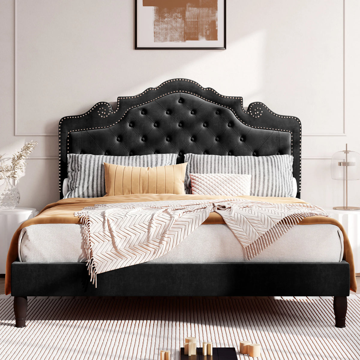 HOOMIC Velvet Tiara Platform Bed With Diamond Tufted Headboard