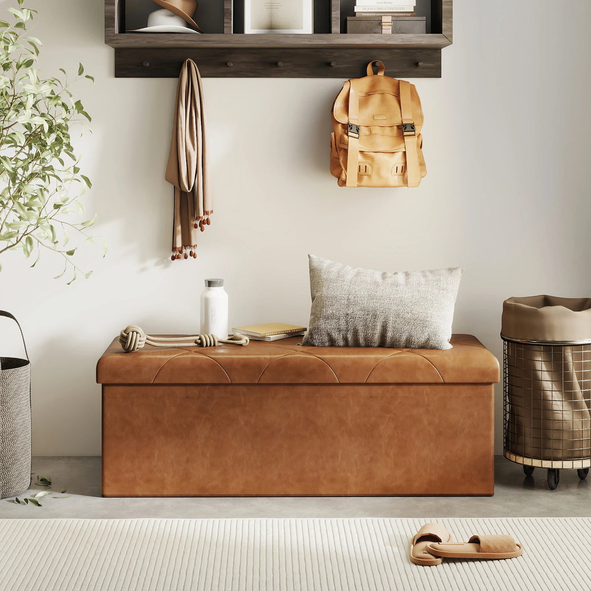 SARENZOON Tufted Faux Leather Folding Storage Ottoman Bench