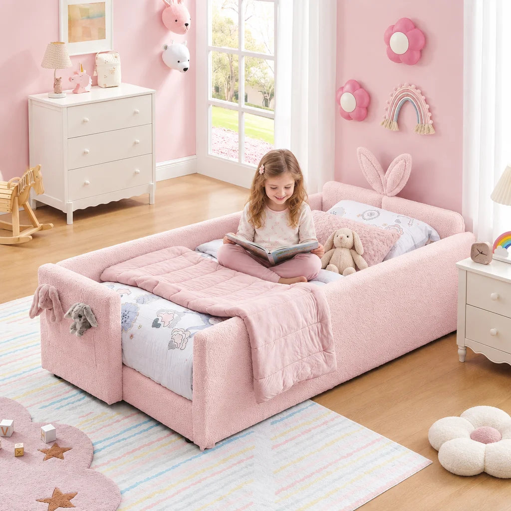 Upholstered Platform Bed Featuring Rabbit Ear Headboard And Storage