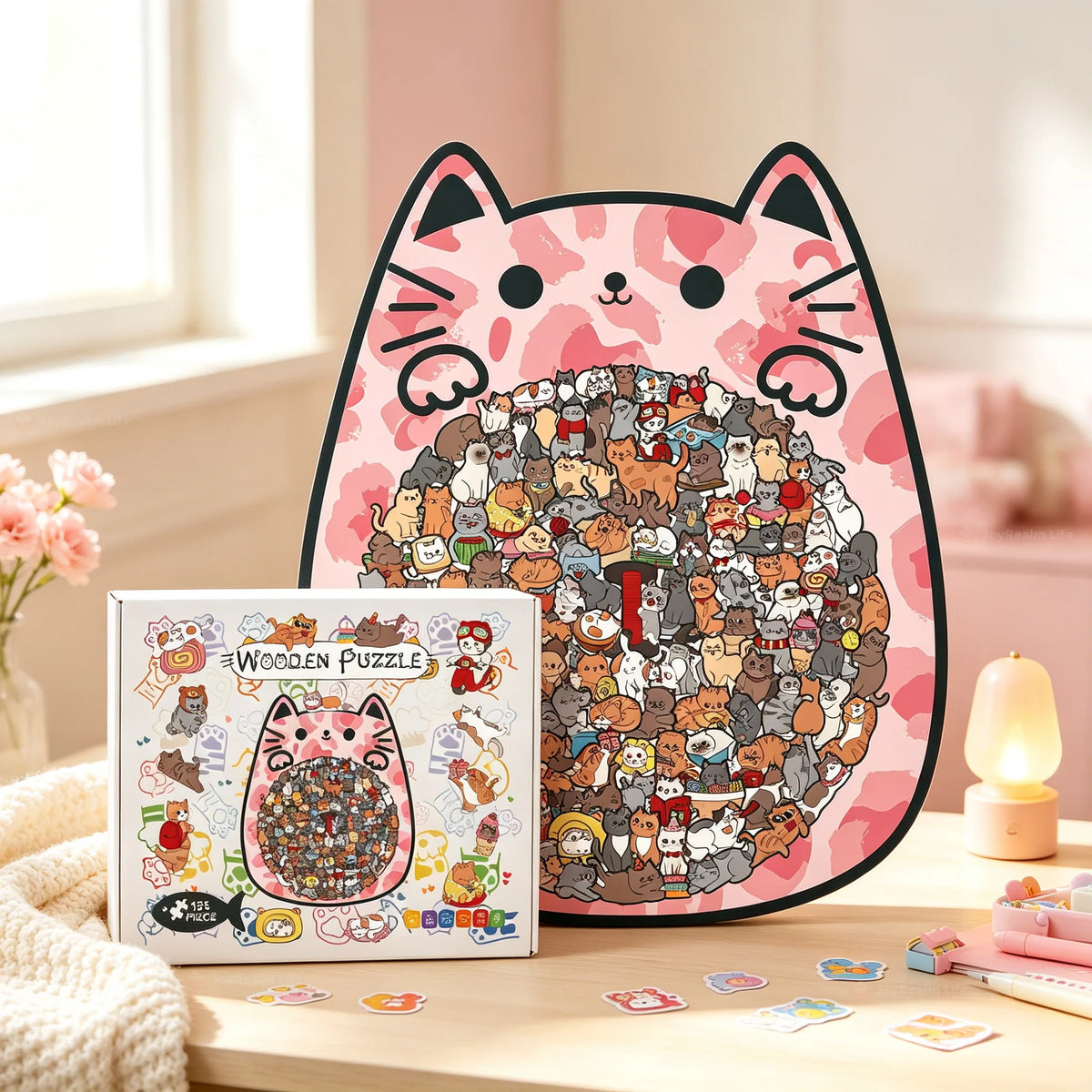 Cute Cat Wooden Puzzle Brain Teaser Desk Toy For Adults