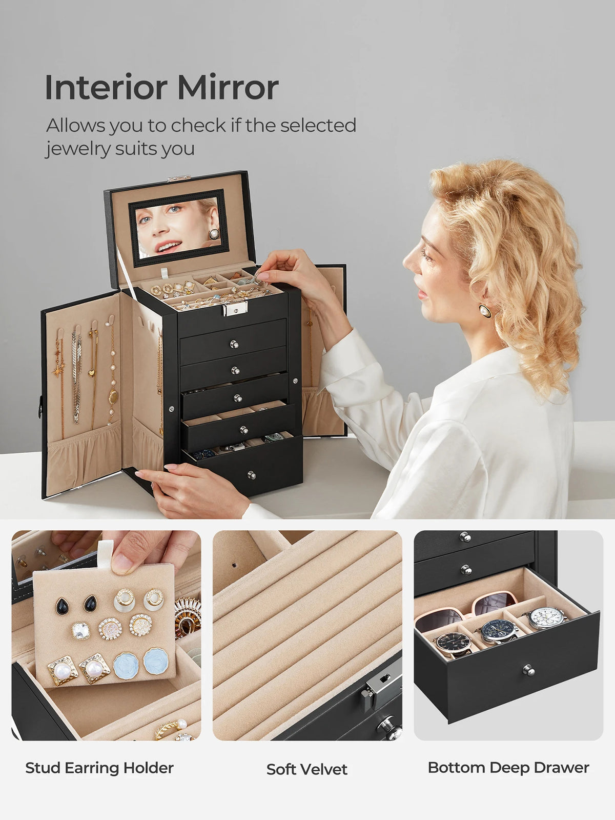 Jewelry Organizer Box With Mirror Lock And Five Storage Drawers