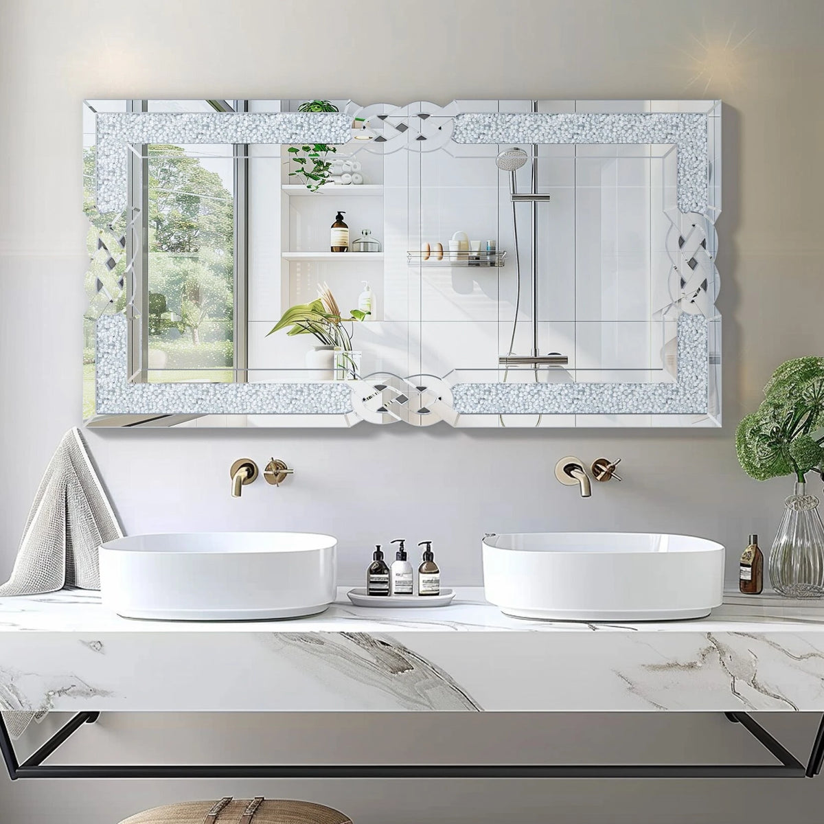 Wisfor Crushed Diamond Rectangular Wall Mirror With Sparkling Crystal Frame