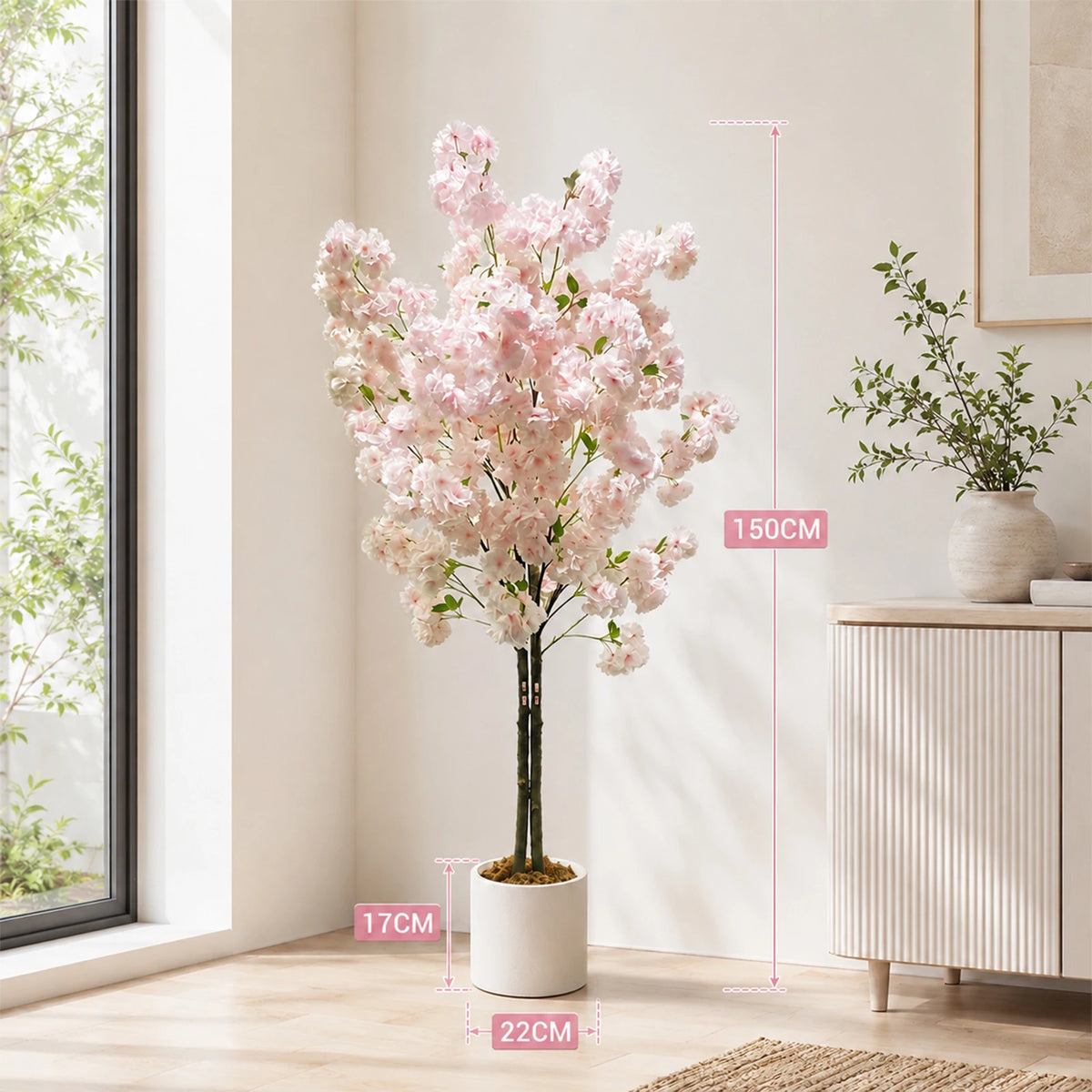 Studyset Artificial Cherry Blossom Tree Double Trunk Silk Plant Decor