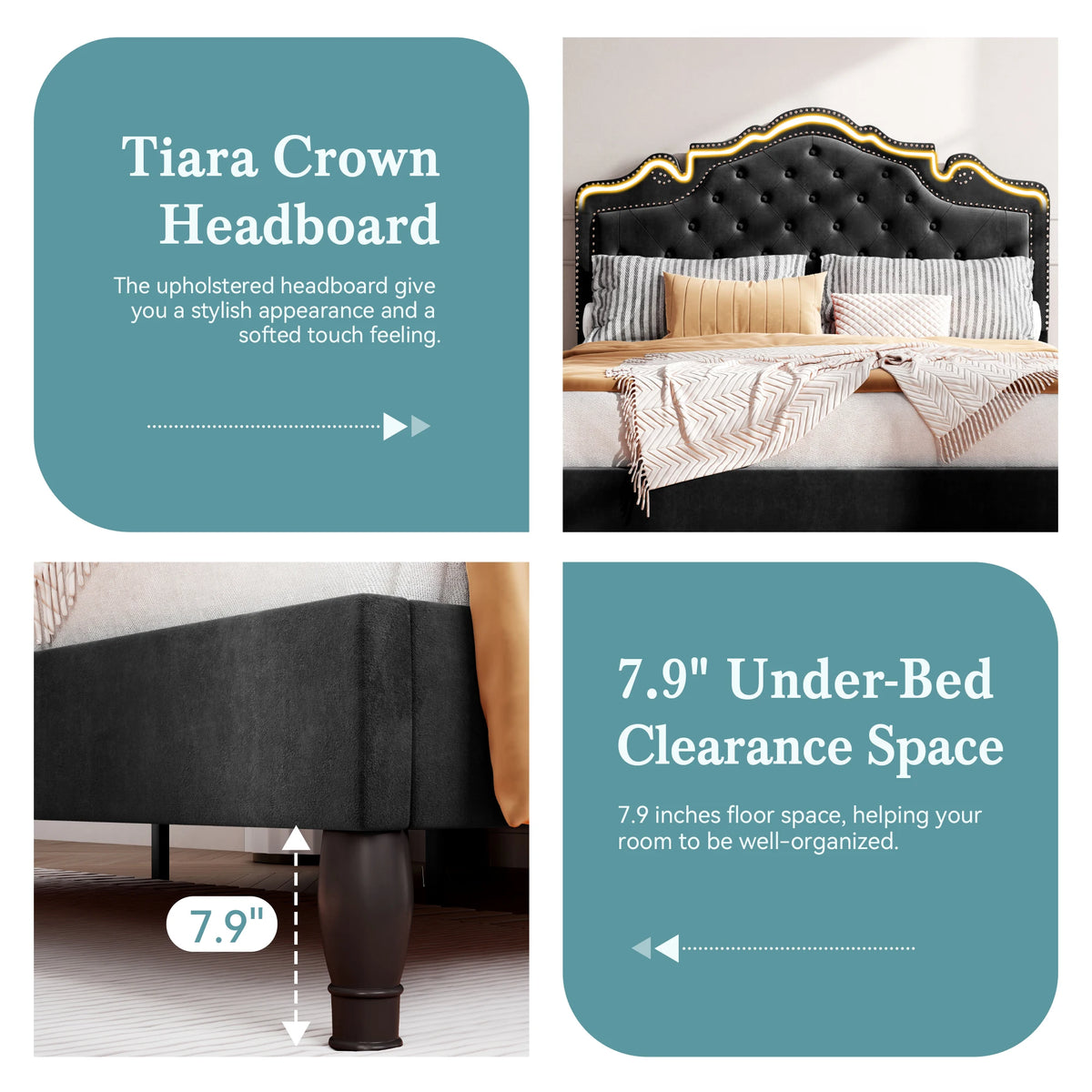 HOOMIC Velvet Tiara Platform Bed With Diamond Tufted Headboard
