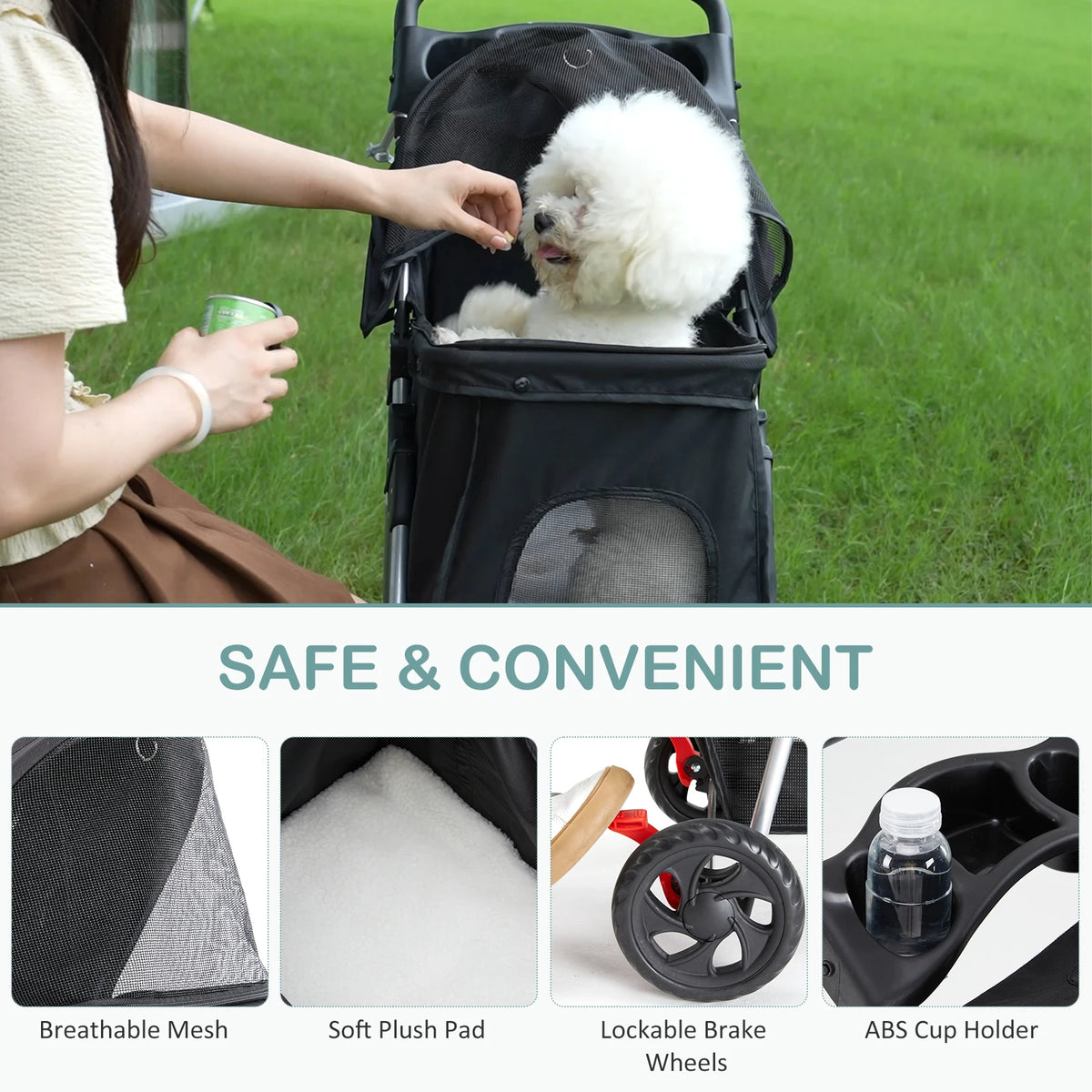 Three Wheel Foldable Pet Stroller With Mesh Windows And Basket