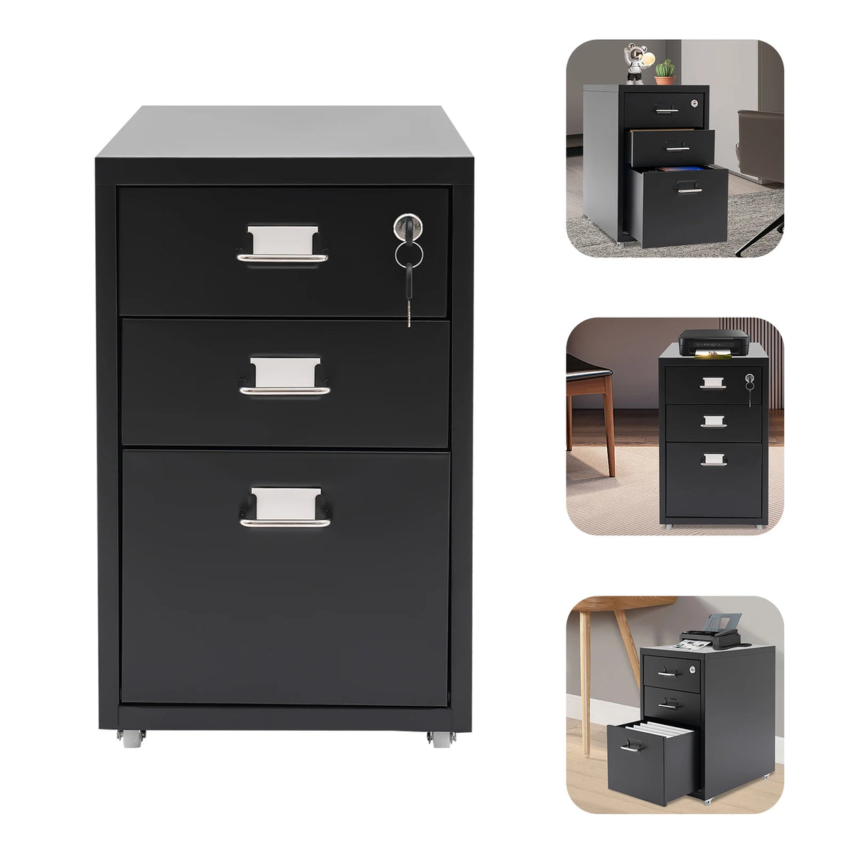 Three Tier Steel Mobile Filing Cabinet With Lock For Office