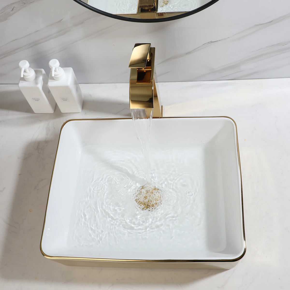 Yanksmart Ceramic Rectangular Bathroom Sink And Brass Faucet Kit