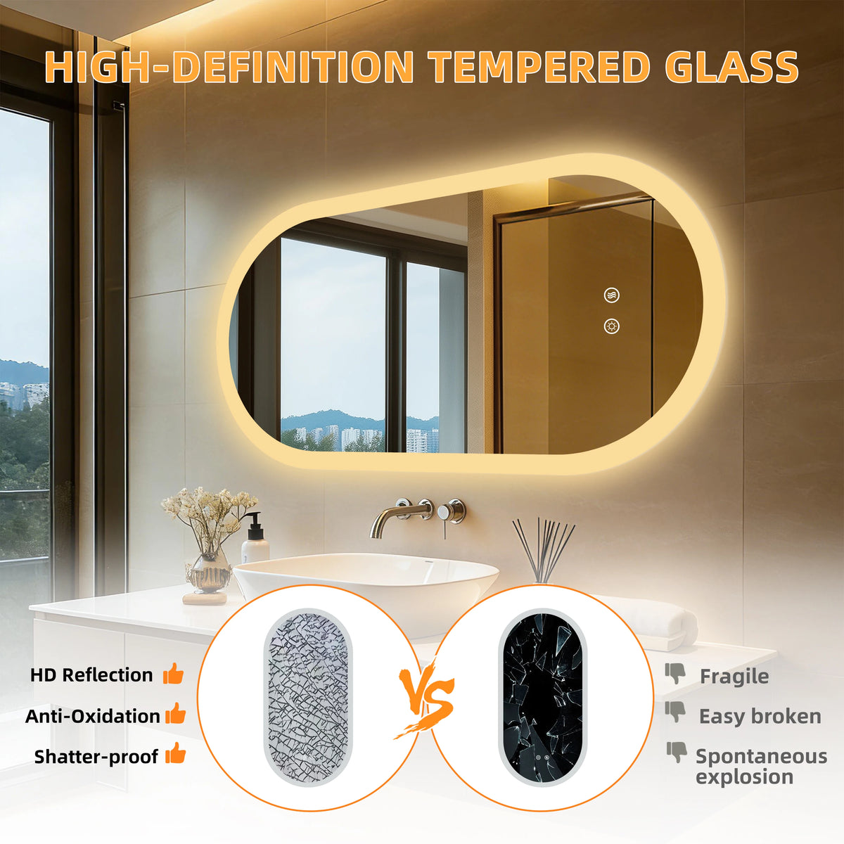 Borwart Anti Fog Oval LED Bathroom Mirror With Frameless Design