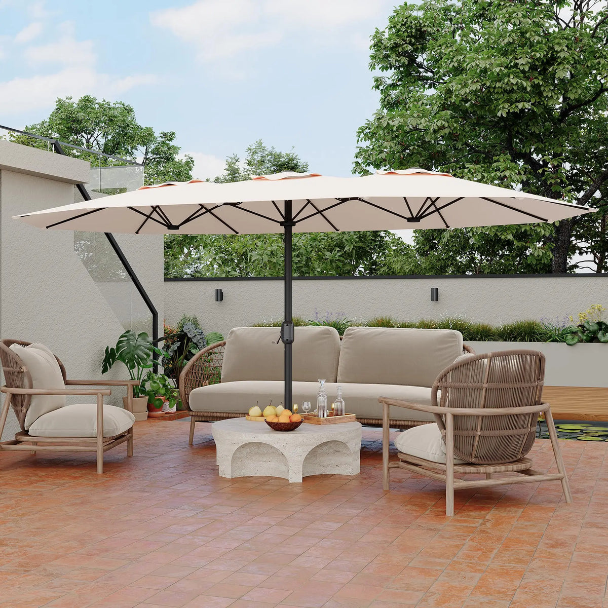 Double Sided Patio Umbrella With Base For Outdoor Garden Shade