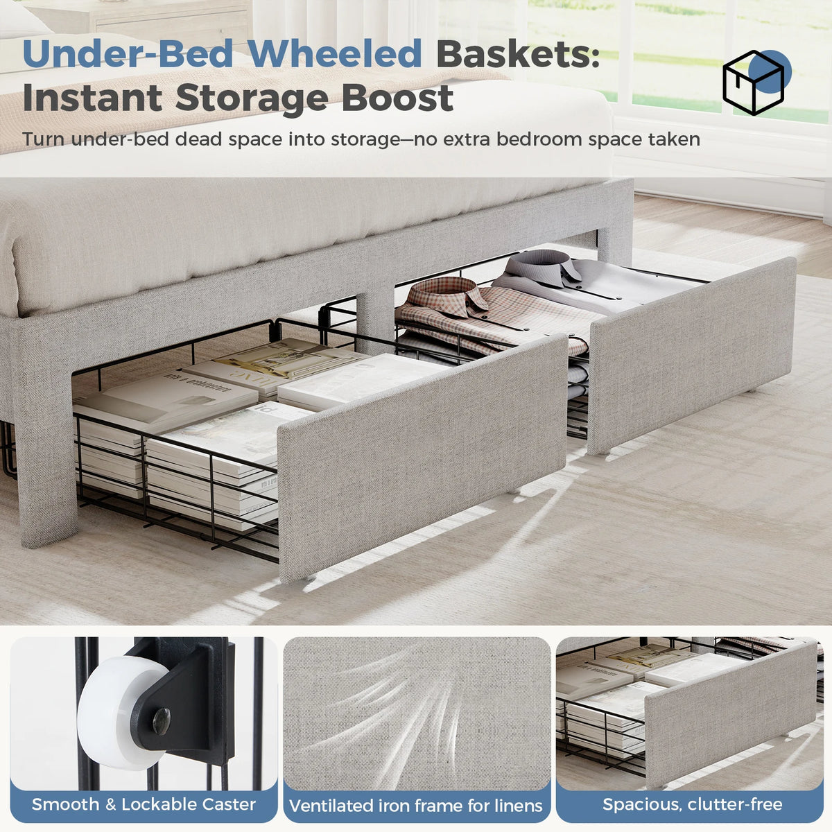 MCQ Upholstered Platform Bed Frame With Storage Drawers And Headboard