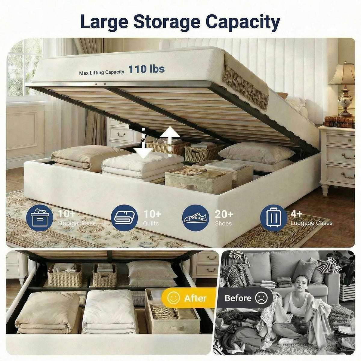 Hoomic Upholstered Hydraulic Lift Up Storage Platform Bed Frame