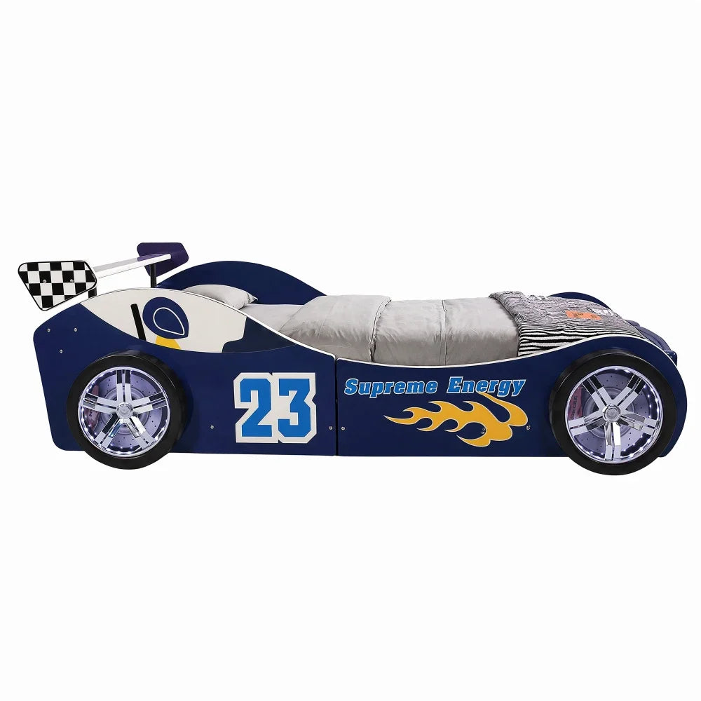 Children Racing Style Car Bed Frame Featuring Luminous Wheels
