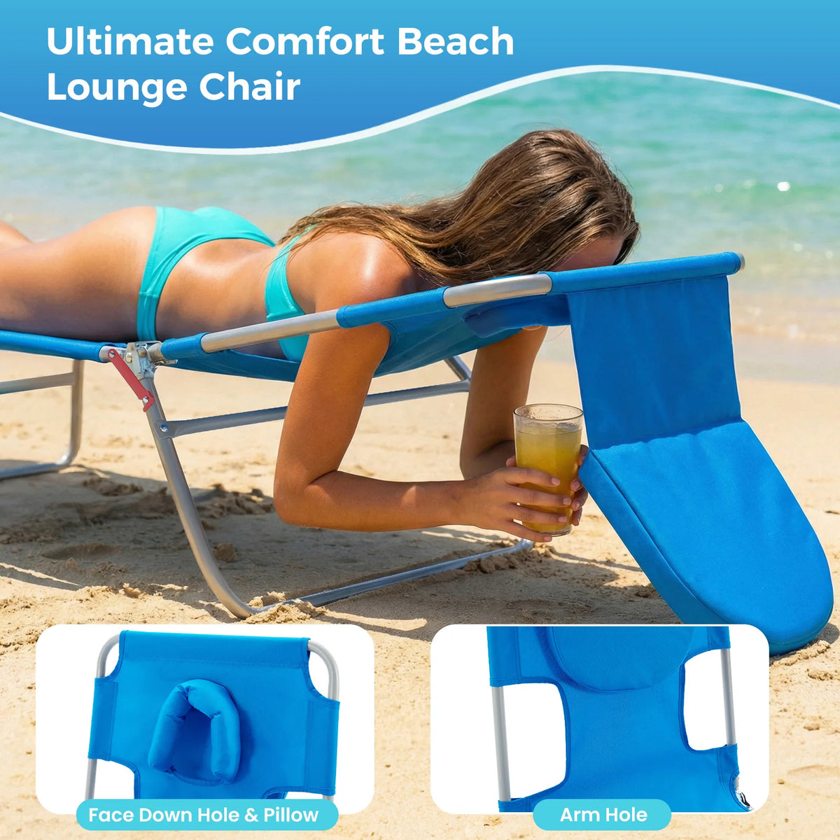JHK 5 Position Adjustable Folding Beach Lounge Chair Portable Recliner