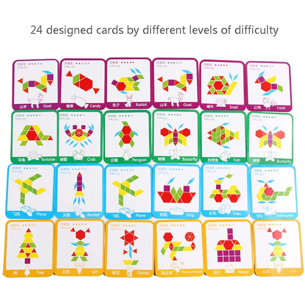 Wooden Geometric Pattern Blocks Puzzle Set for Montessori Learning