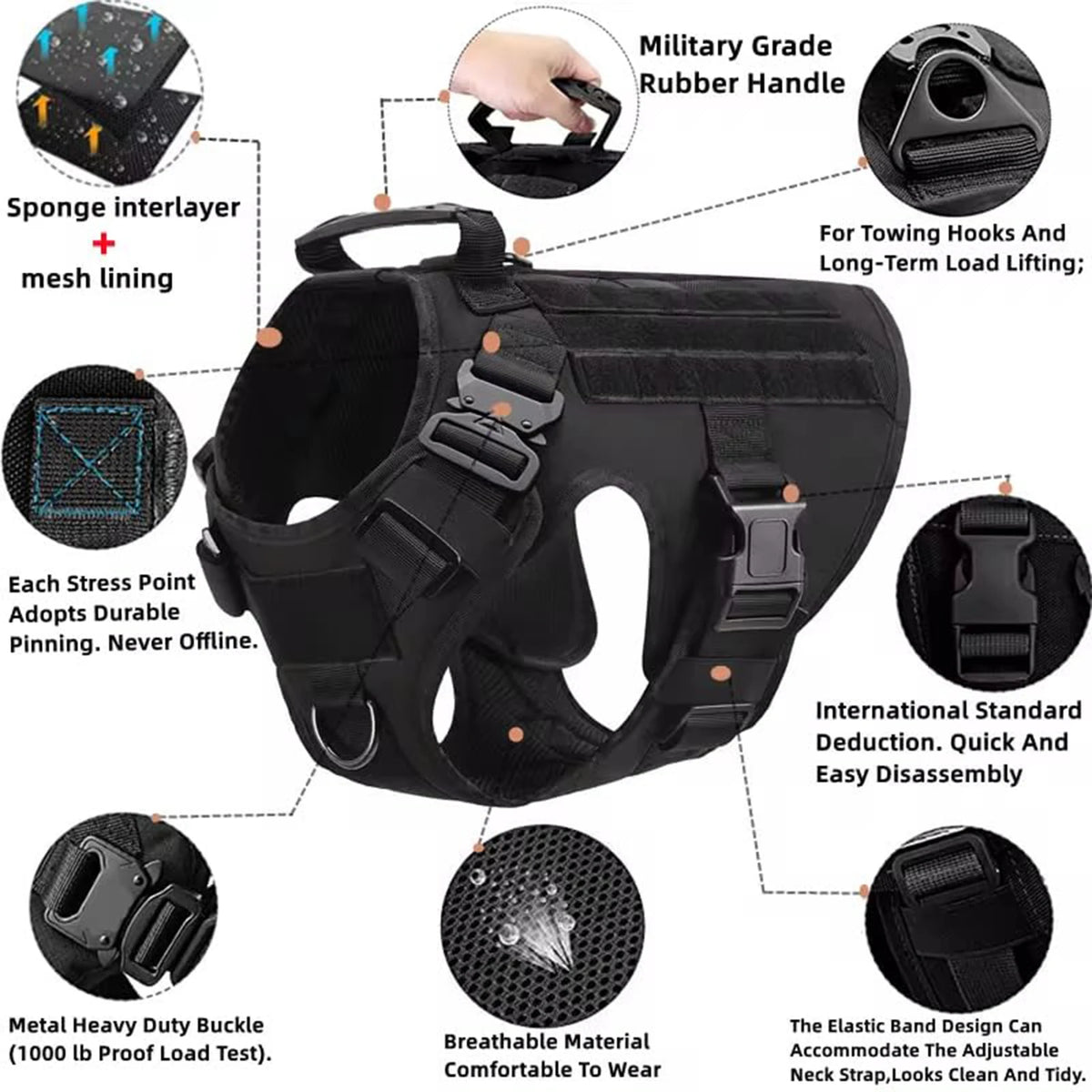 Petavel Tactical Dog Harness With Molle Pouches And Leash