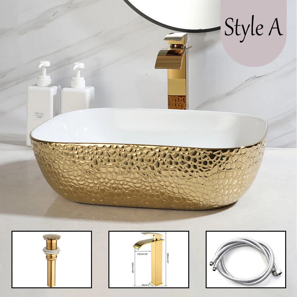 Yanksmart Ceramic Rectangular Bathroom Sink And Brass Faucet Kit