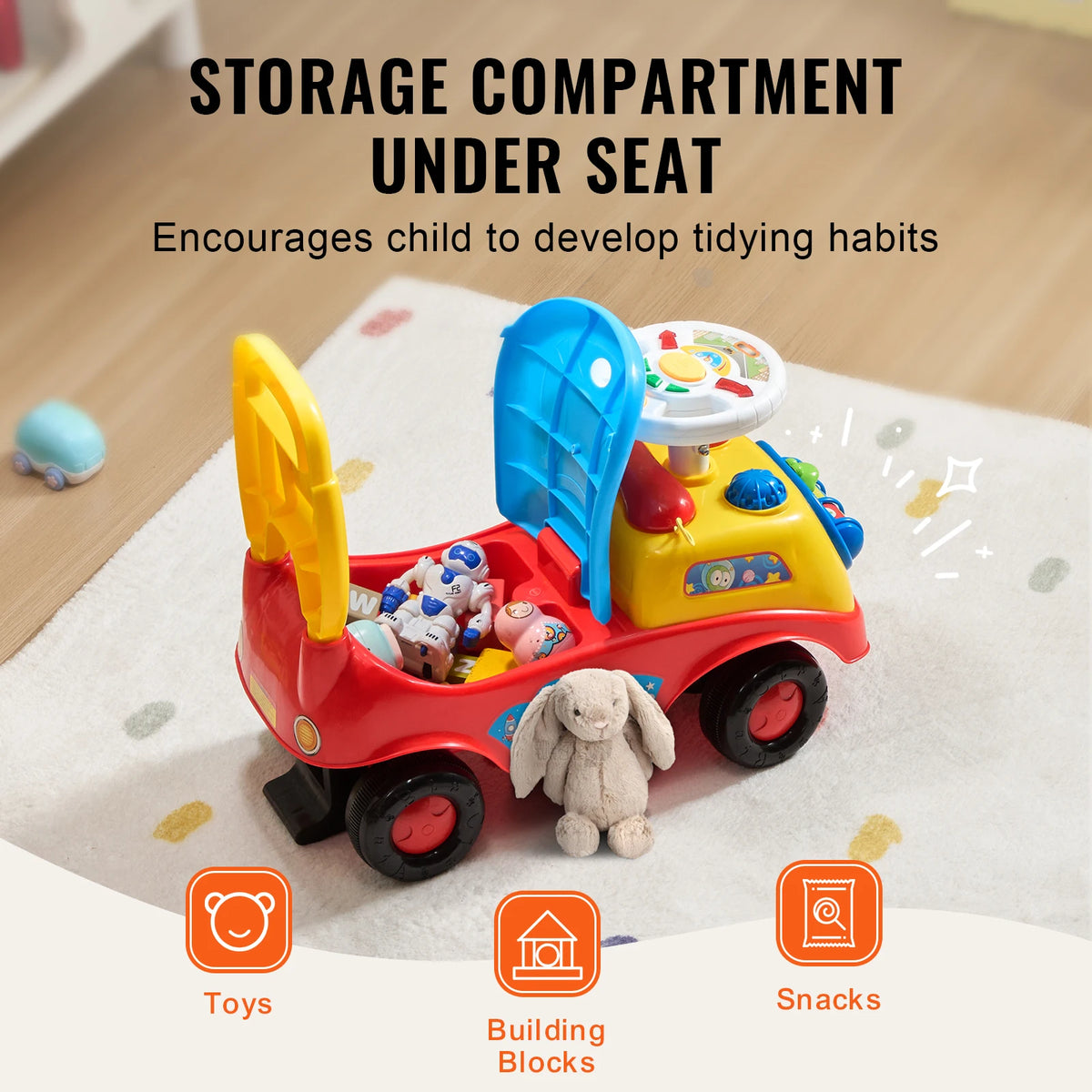 SucceBuy Toddler Ride On Push Car With Music And Storage