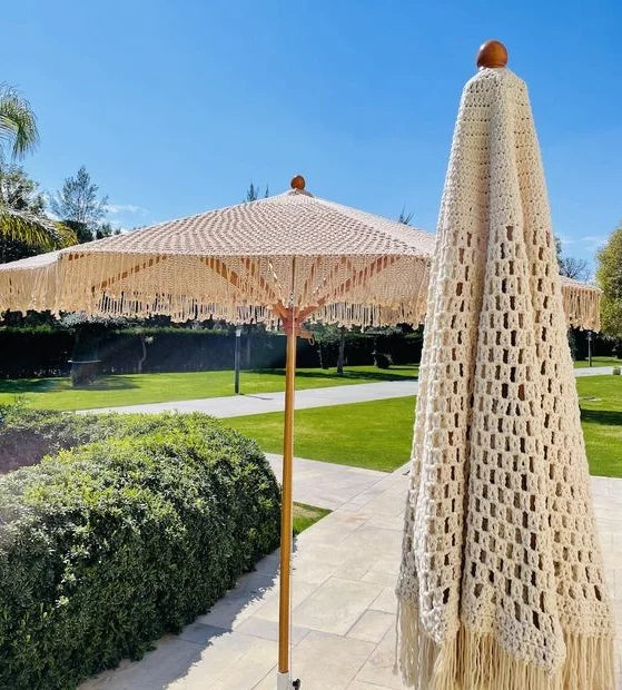 Wood Grain Aluminum Beach Umbrella With Macrame Fringe Canopy