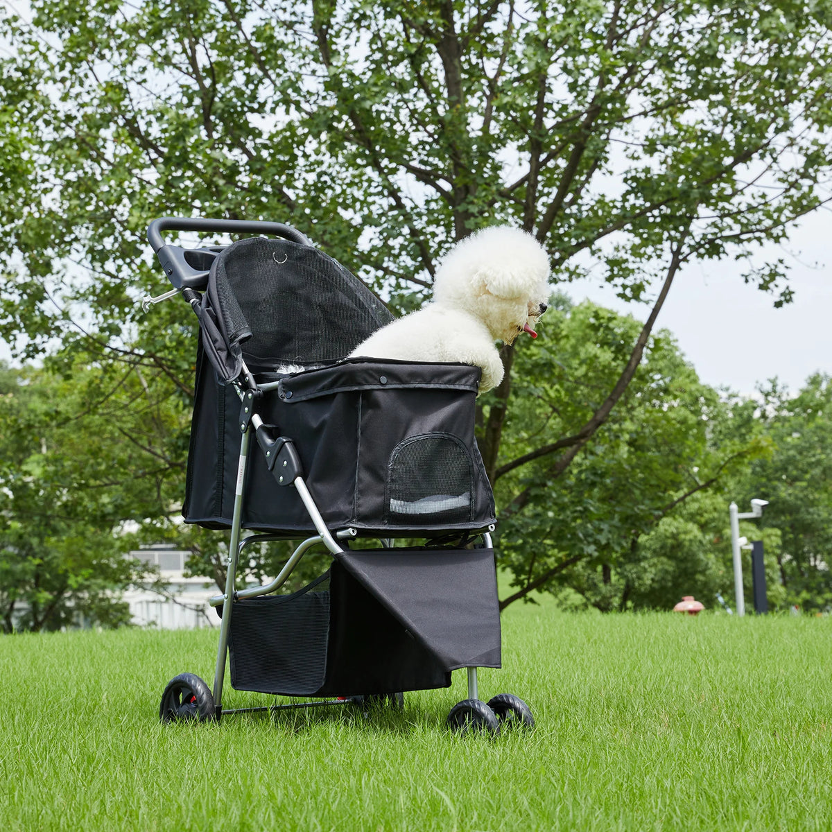 Three Wheel Foldable Pet Stroller With Mesh Windows And Basket