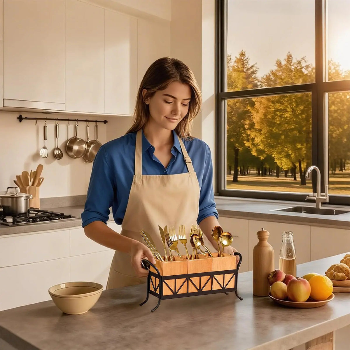 Garvee Home Acacia Wood Utensil Holder With Removable Compartments