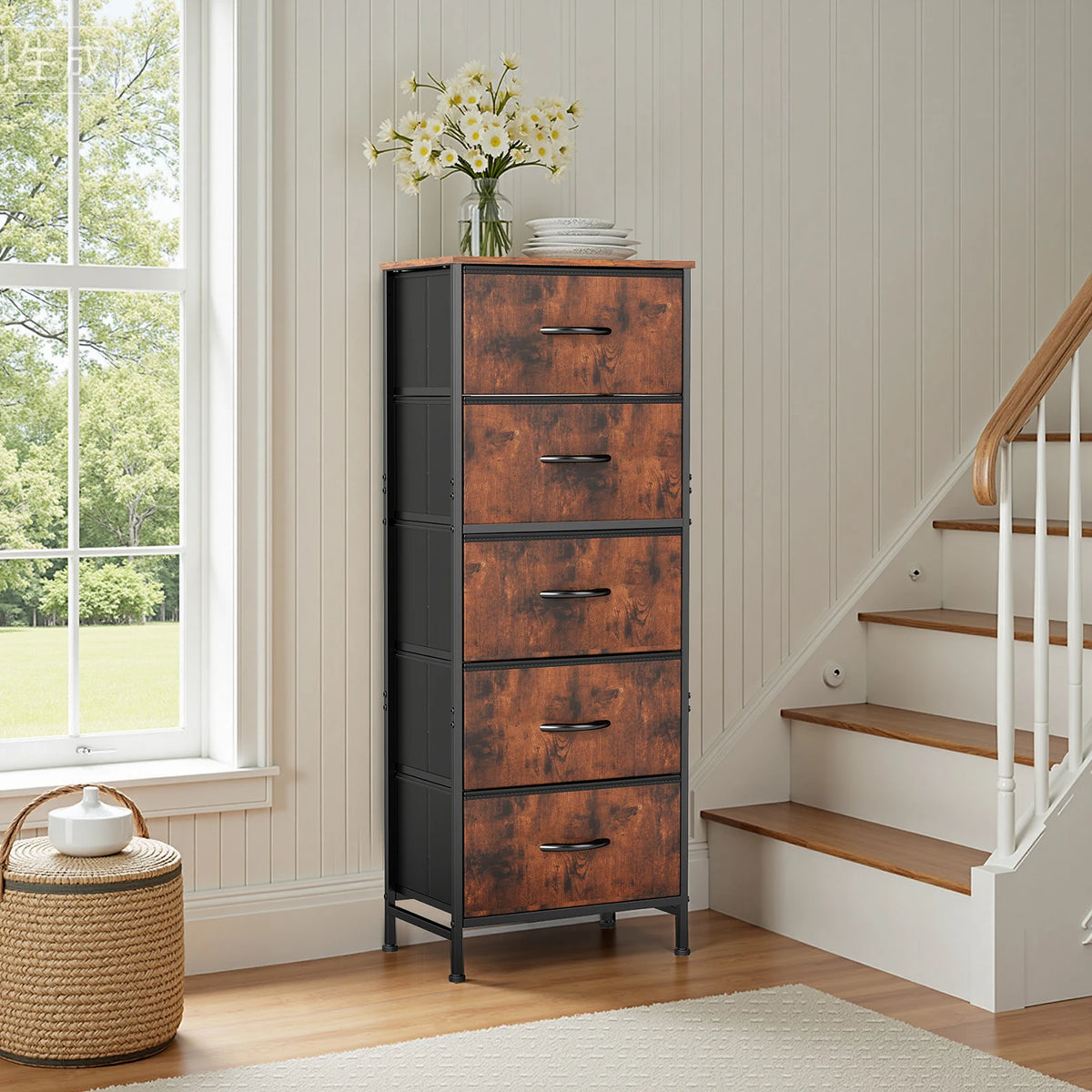 JHK Modern Bedroom Dresser With Five Fabric Drawers Steel Frame