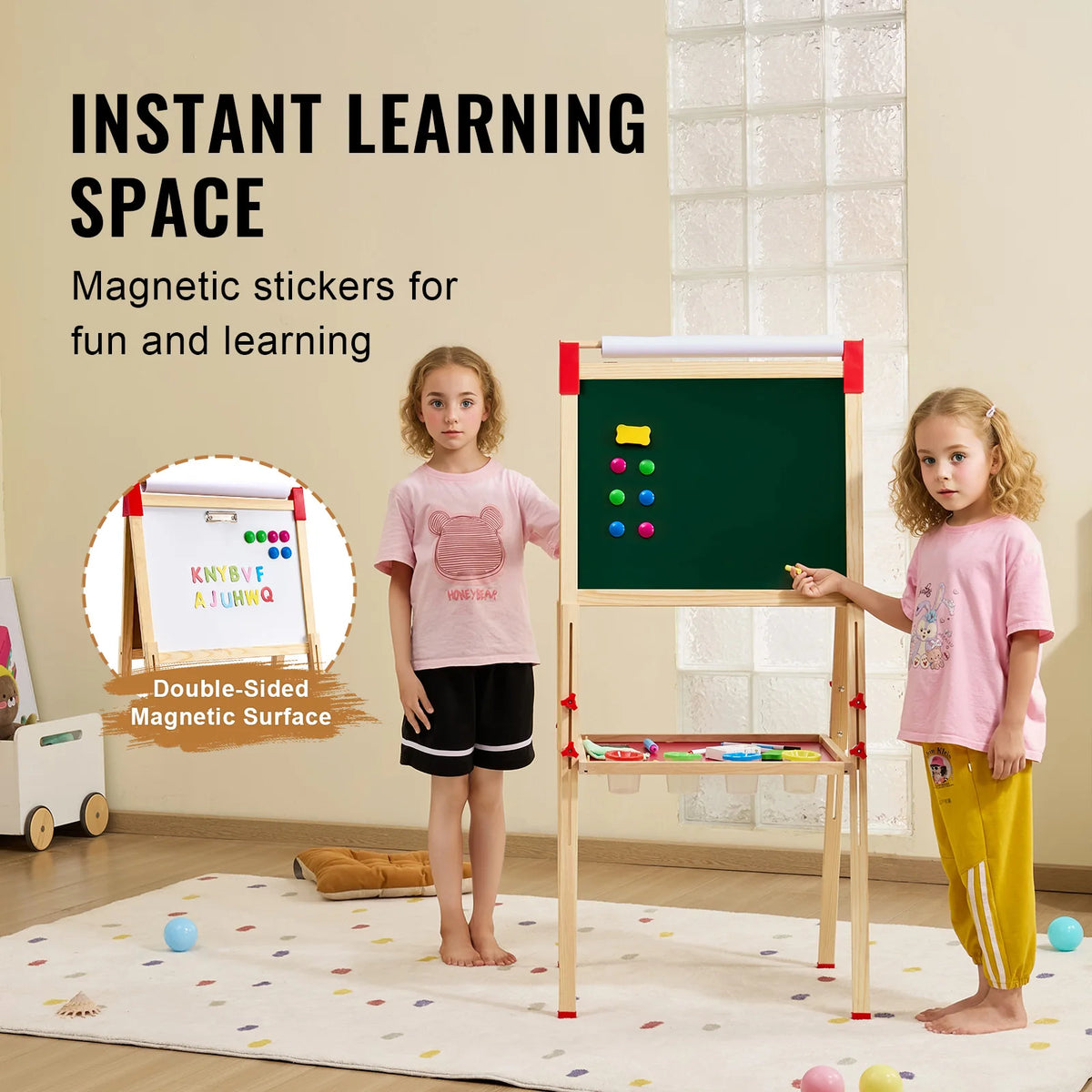 SucceBuy Wooden Double Sided Kids Art Easel Whiteboard Chalkboard