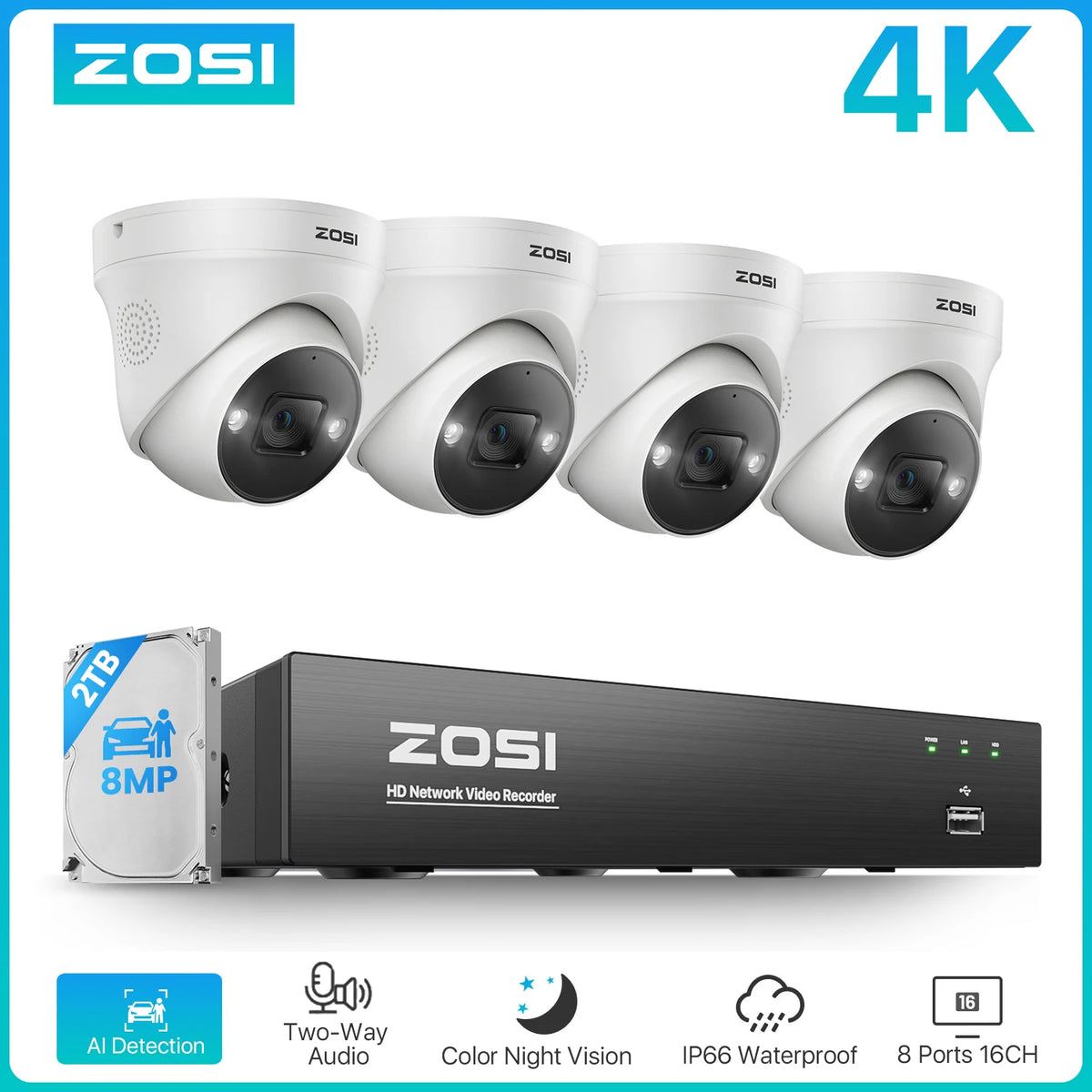 Zosi 4K PoE AI Smart Video Surveillance Home Camera System