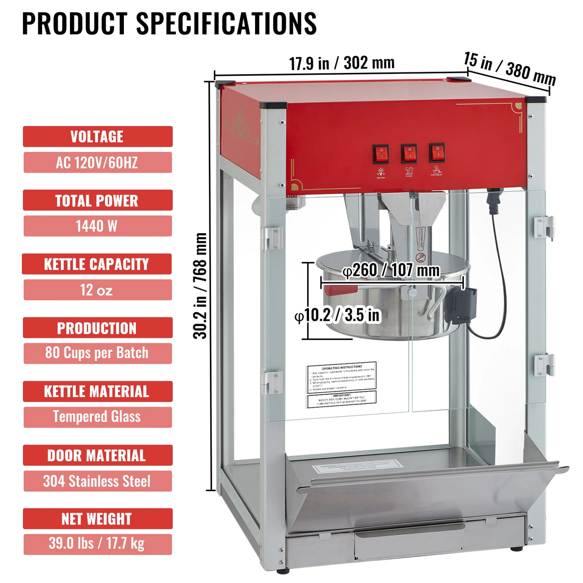 SucceBuy Commercial Countertop Popcorn Maker With Tempered Glass Kettle