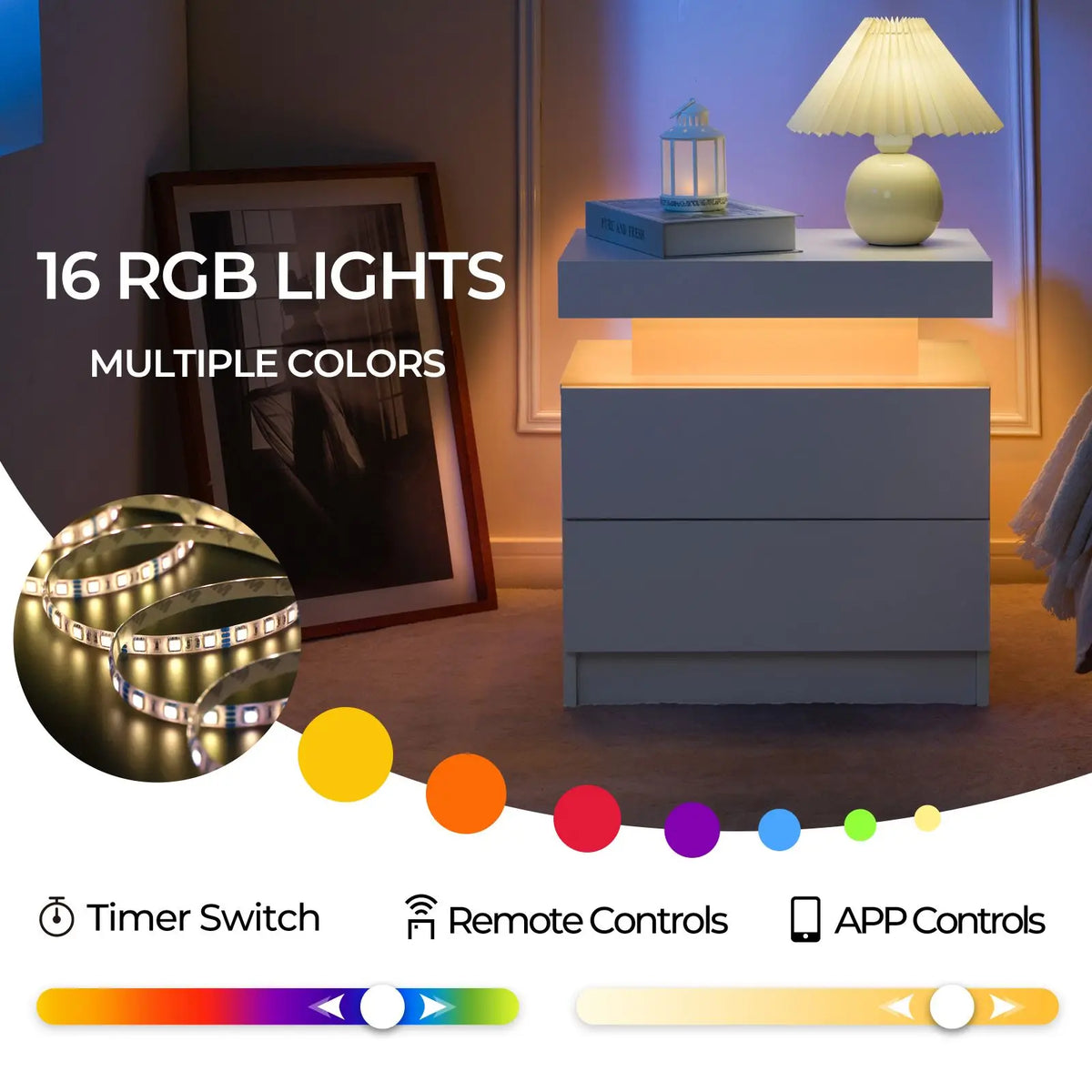 Cubehom Modern Led Nightstand Set Of 2 With Drawers