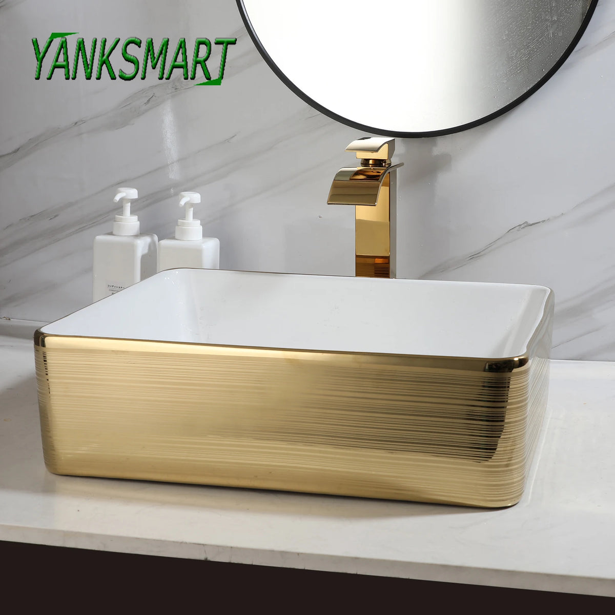Yanksmart Ceramic Rectangular Bathroom Sink And Brass Faucet Kit