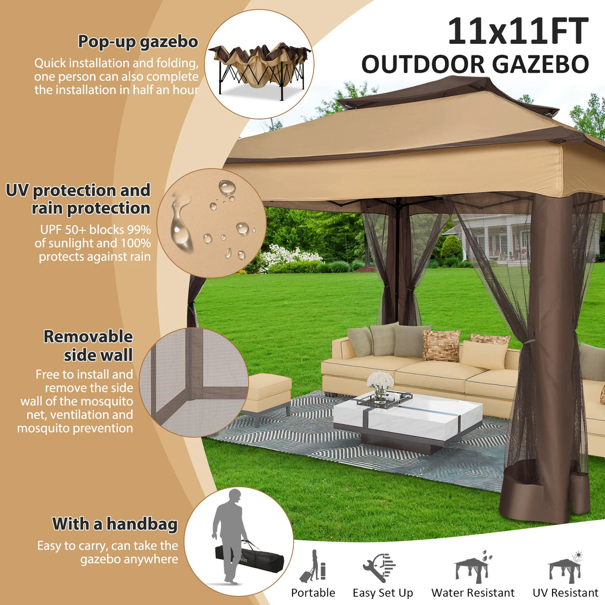 Cobizi Pop Up Gazebo With Mosquito Netting And Outdoor Cover