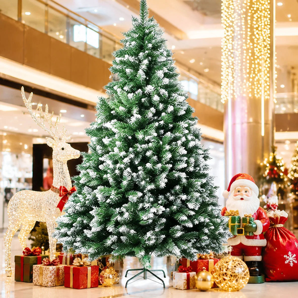 Snow Flocked Unlit Artificial Christmas Tree With Foldable Metal Base