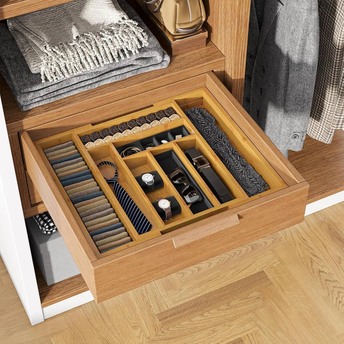 Adjustable Bamboo Silverware Drawer Organizer Wood Storage Cutlery Holder for Forks Spoons And Knives Kitchen Bedroom Living Room