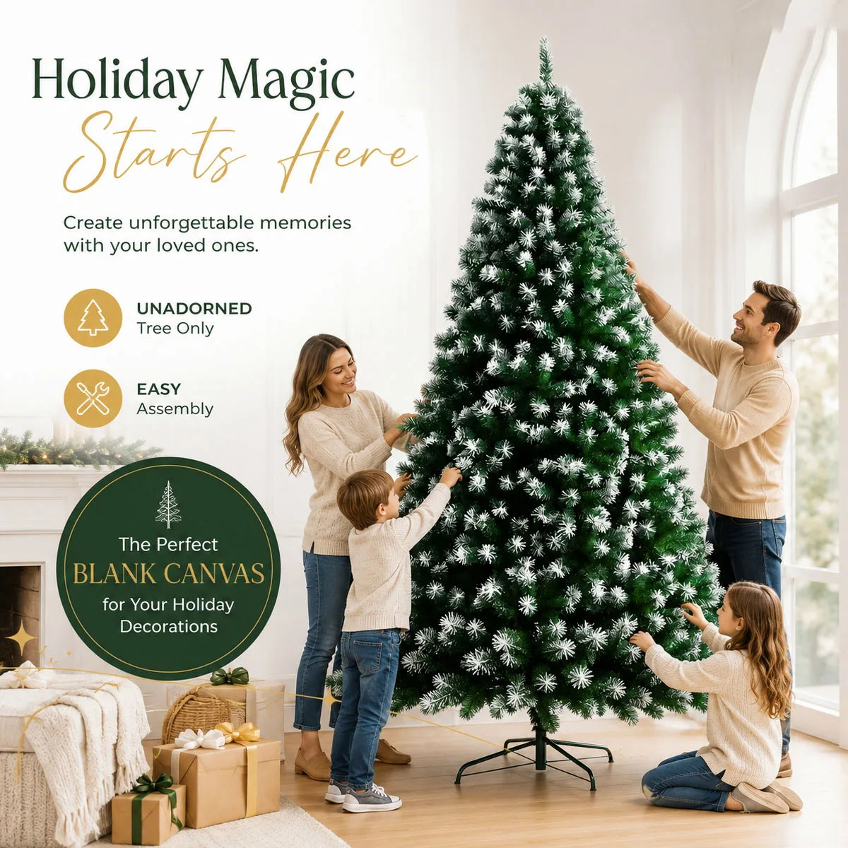 Snow Flocked Unlit Artificial Christmas Tree With Foldable Metal Base