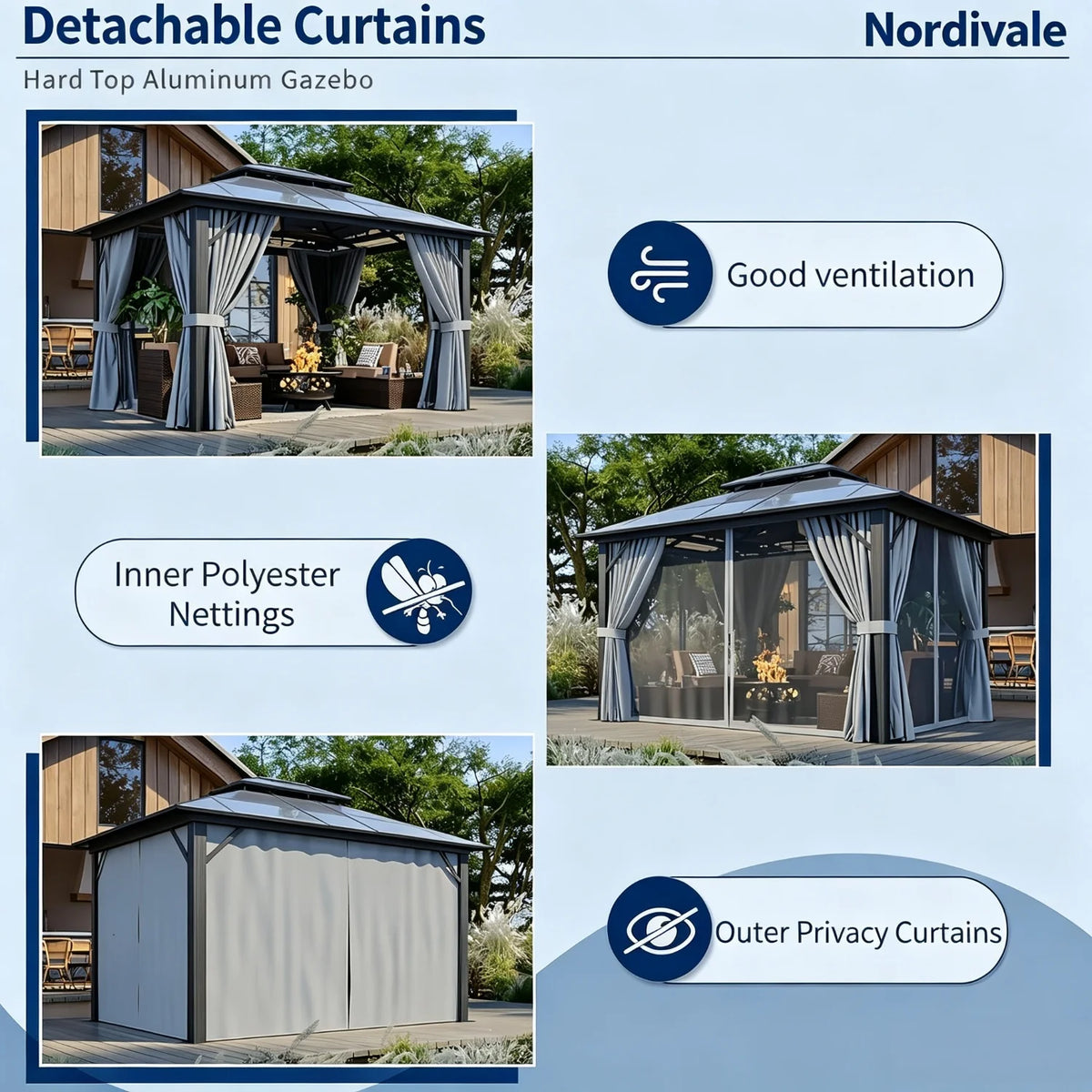 Nordivale Hardtop Aluminum Gazebo Pavilion With Curtains And Netting