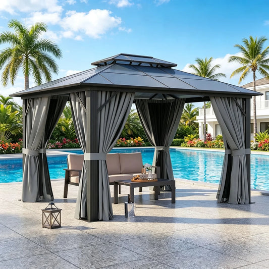 Nordivale Hardtop Aluminum Gazebo Pavilion With Curtains And Netting