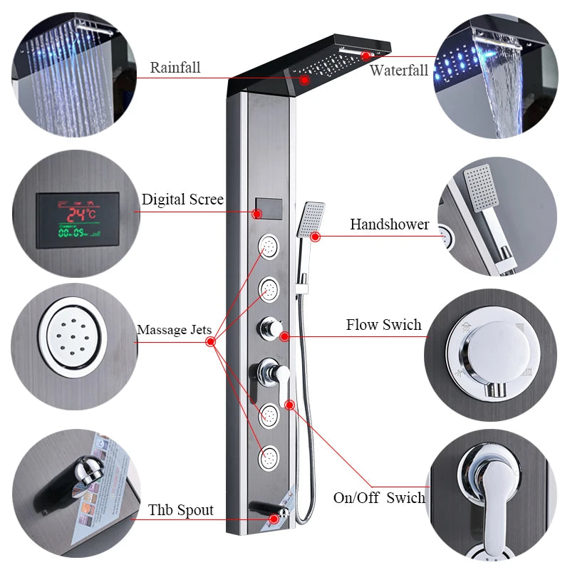 Shinesia LED Rain Shower Panel Spa Massage Jet Faucet System