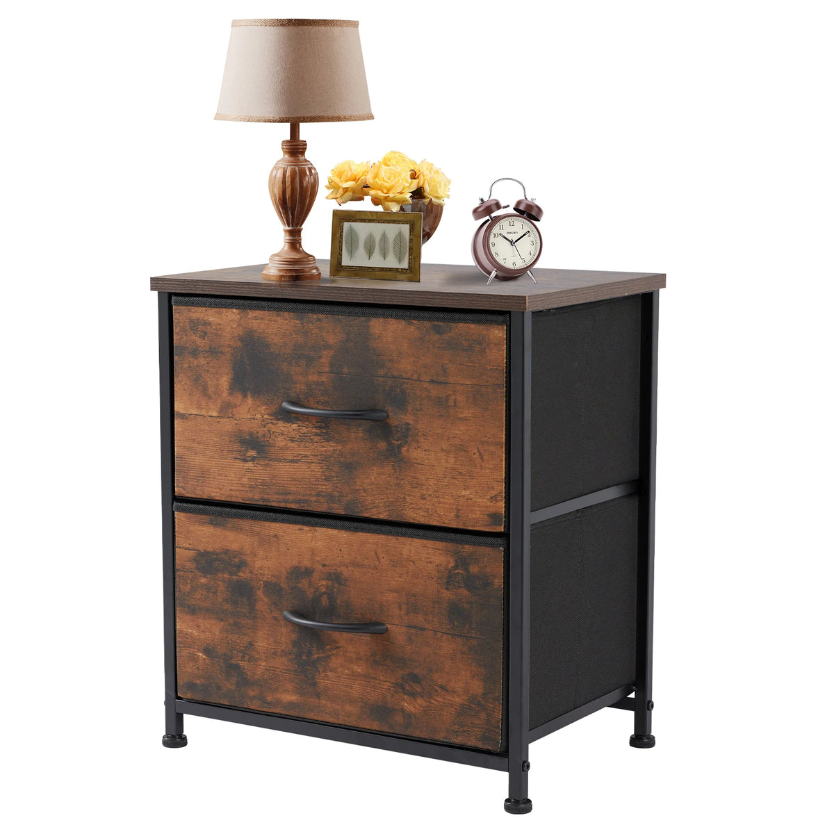 JHK Modern Metal Nightstand Cabinet With Fabric Drawer Storage