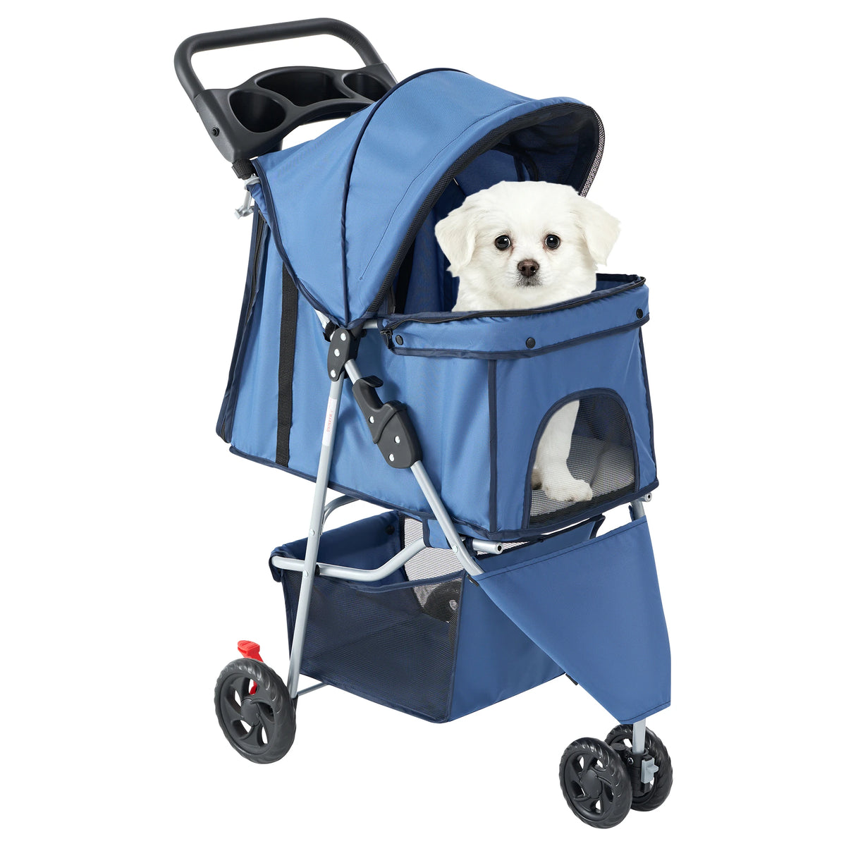 Three Wheel Foldable Pet Stroller With Mesh Windows And Basket