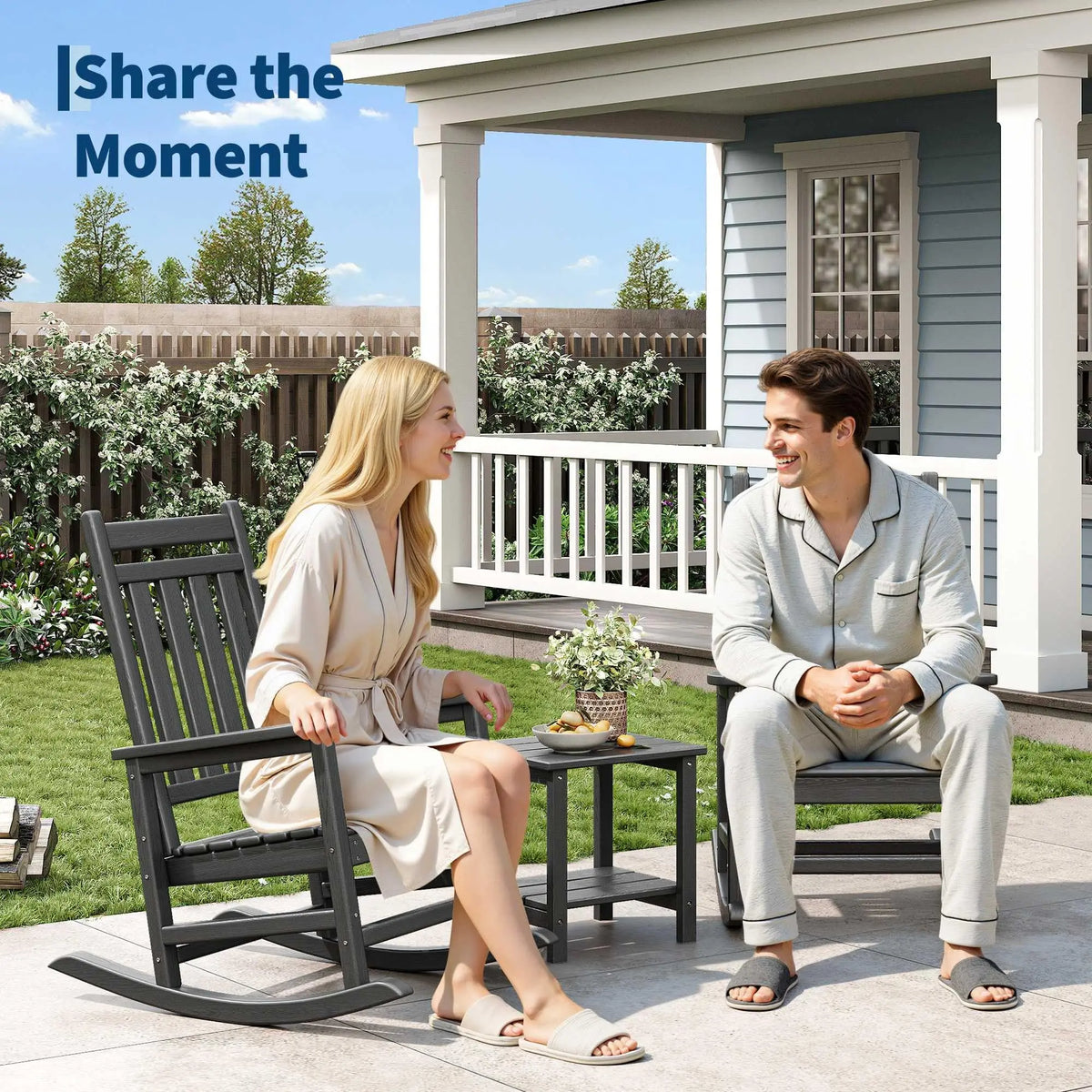 HDPE Outdoor Rocking Chair Pair with Matching Side Table for Patio