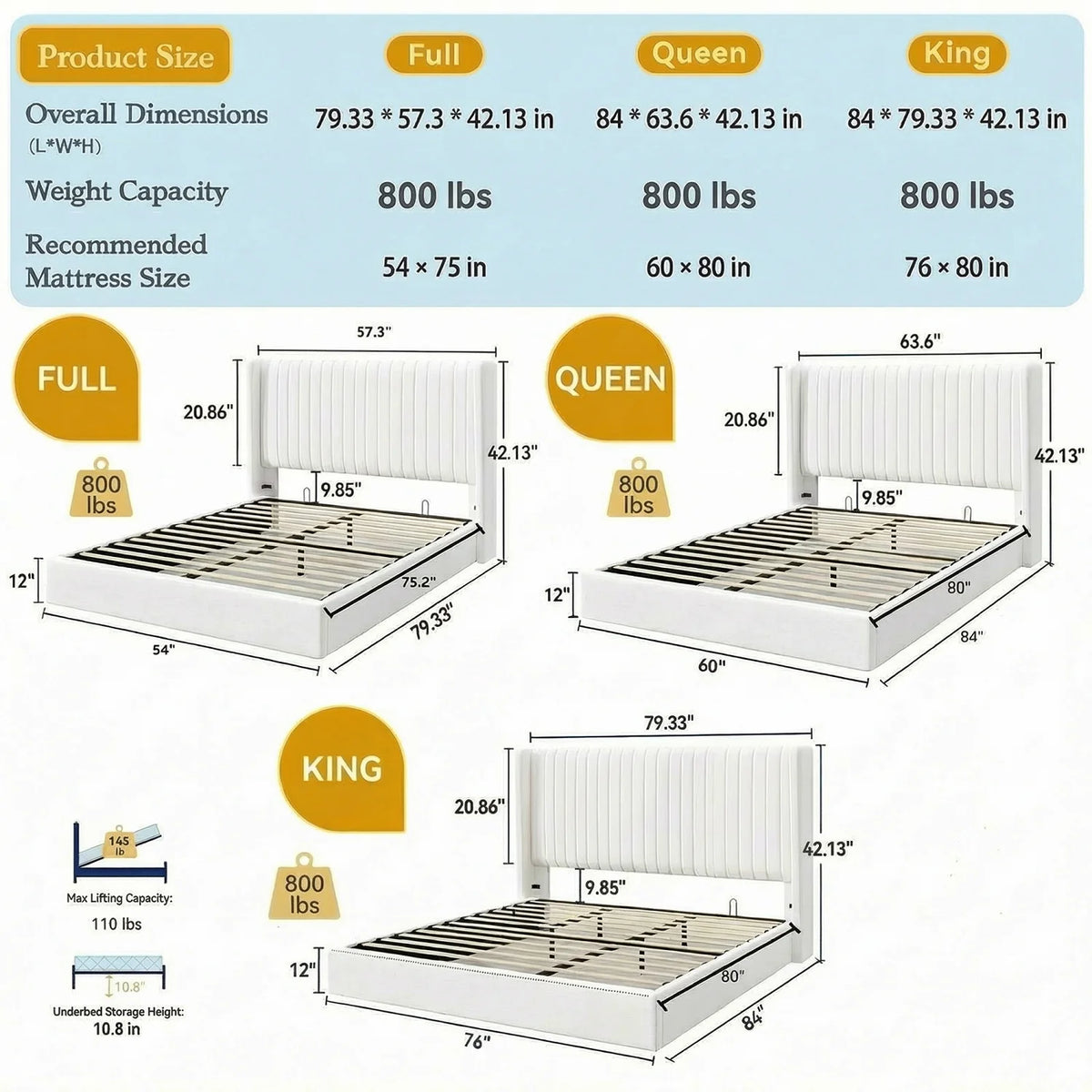 Hoomic Upholstered Hydraulic Lift Up Storage Platform Bed Frame
