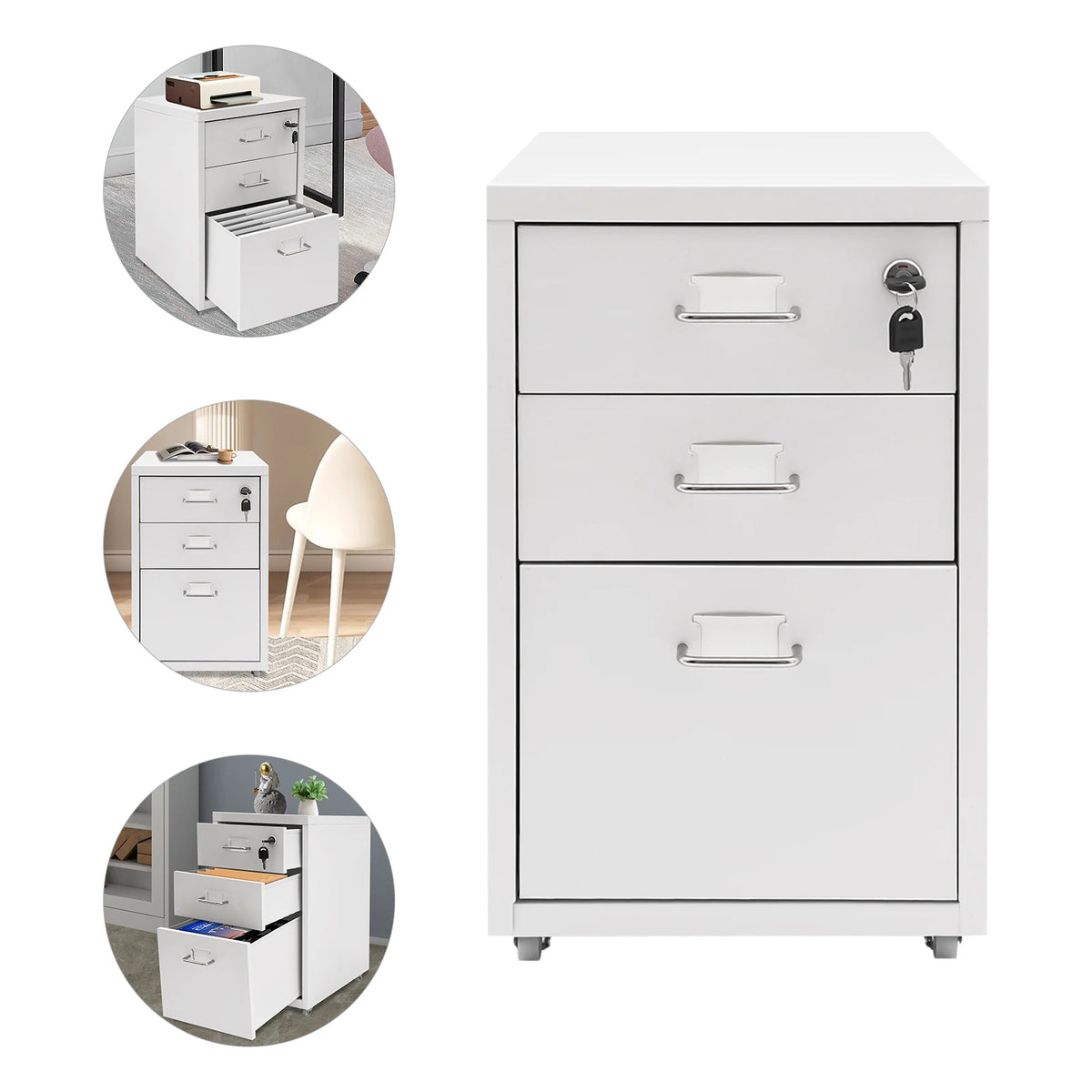 Three Tier Steel Mobile Filing Cabinet With Lock For Office