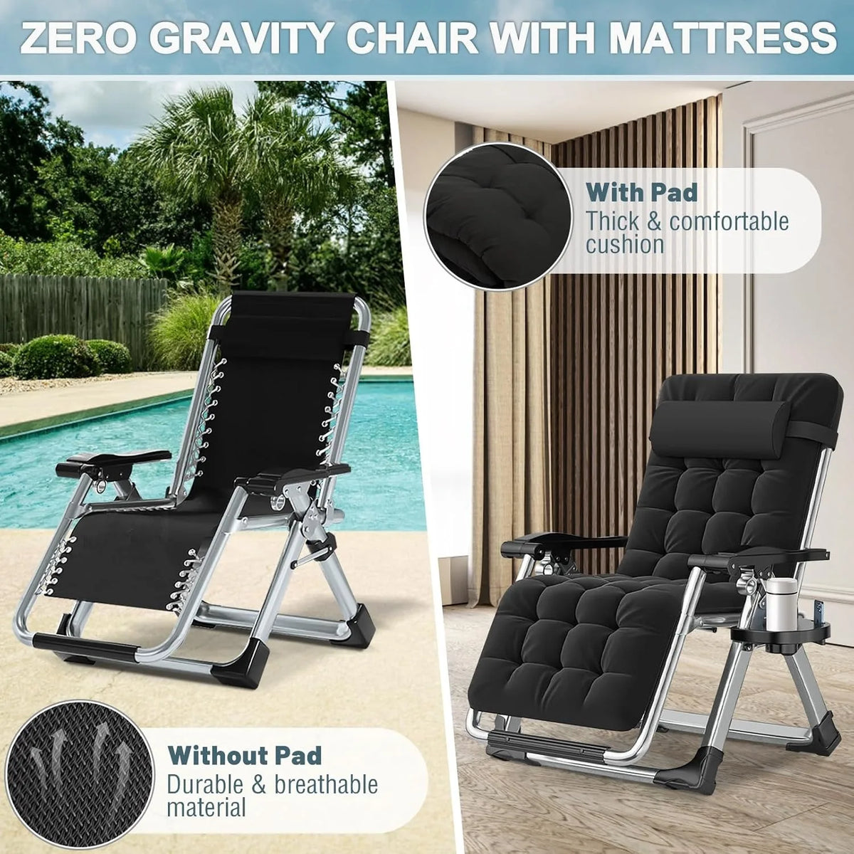 XIUWO Zero Gravity Reclining Outdoor Lounge Chairs With Cup Holders