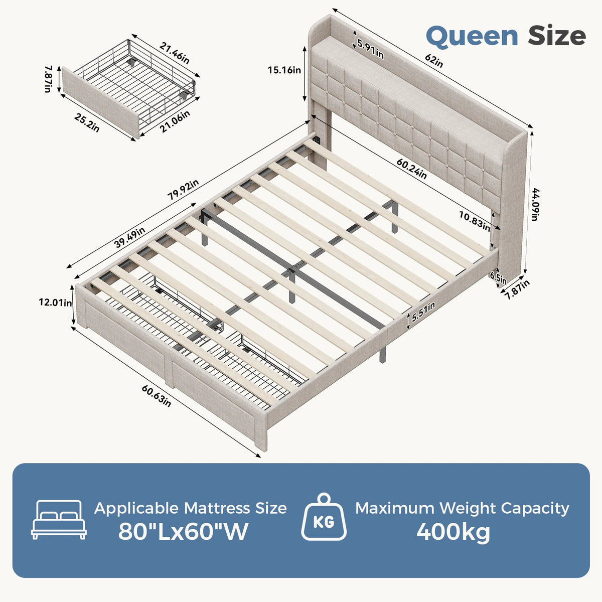 MCQ Upholstered Platform Bed Frame With Storage Drawers And Headboard