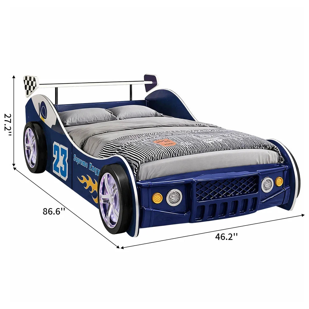 Children Racing Style Car Bed Frame Featuring Luminous Wheels